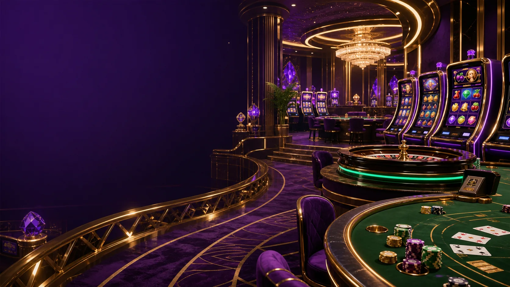 Purple and gold Regal Rush game gallery with slot reels, roulette, cards and chips